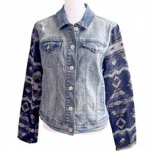Denim Patchwork Jacket with Patterned Sleeves